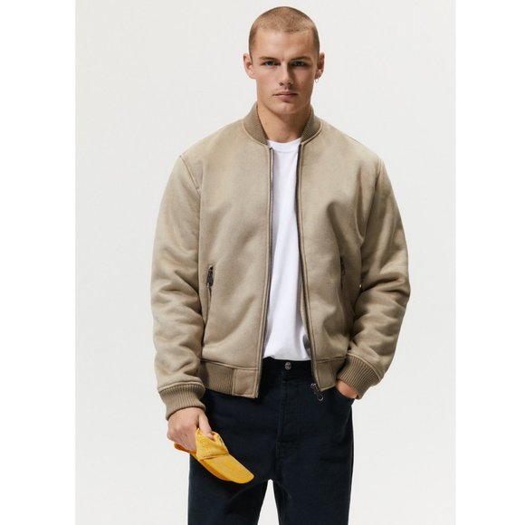 Zara Men's Faux Suede Bomber Jacket Beige Sz XS - Picture 1 of 11